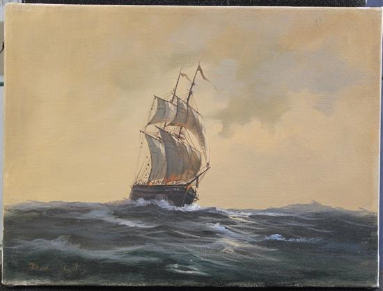 David Short The West Wind and Sailing ship at sea, largest 14 x 18in., unframed